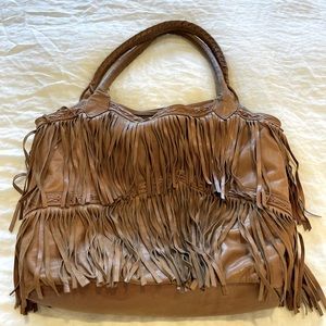 Leather fringe large brown tan vintage tote bag